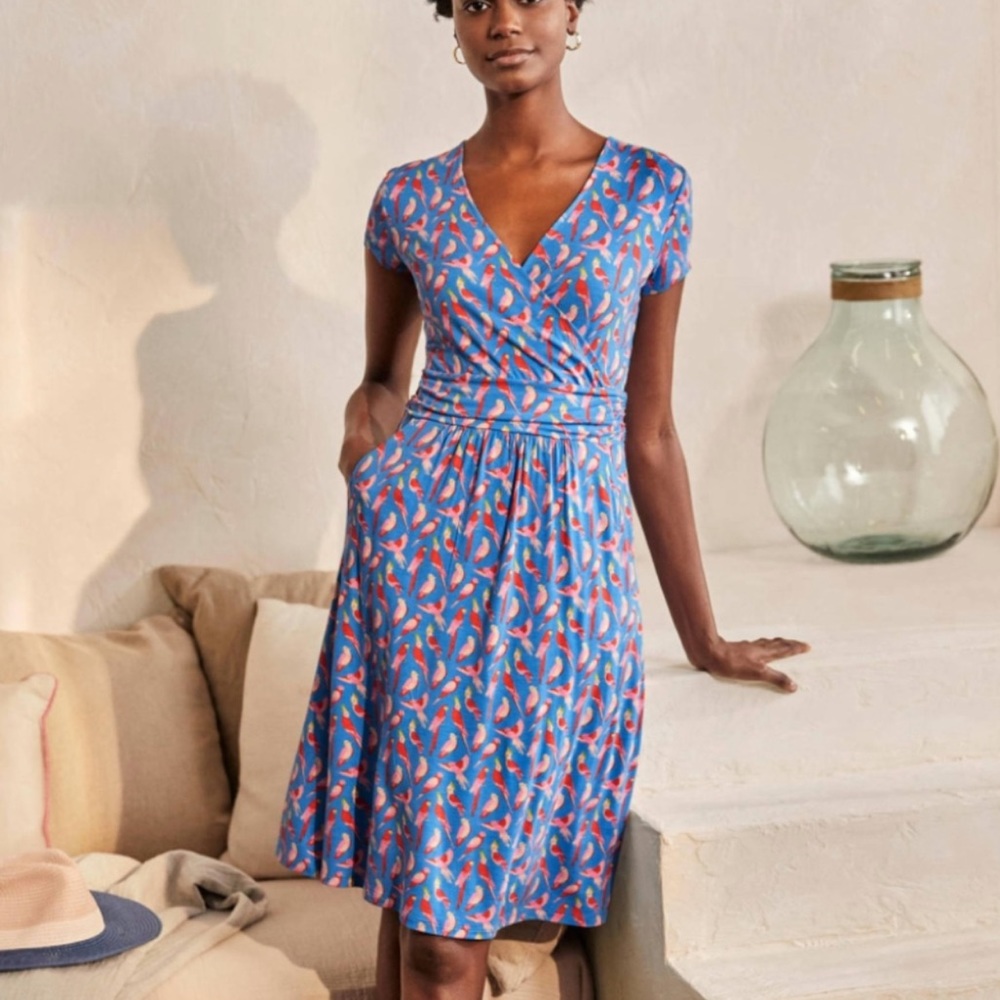 Boden Blue Wrap Midi Dress with Pink Coral Print